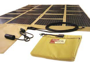 A large solar charger fully unfolded next to the same size charger folded up small