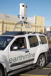 Wide-angle stereo camera mounted atop a vehicle