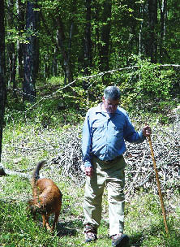 A man wearing SCOKJ walks his dog in the woods.