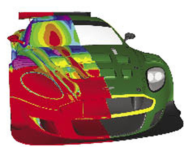 Screenshot showing pressure around the body of a racecar computer model 