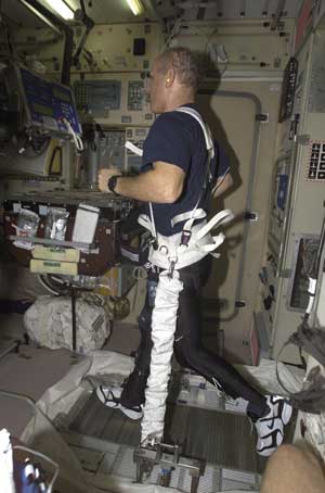 Astronaut Ken Bowersox runs on a treadmill using a loading harness.