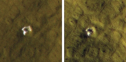 Side by side images of a crater on Mars, taken on different dates Side by side images of a crater on Mars, taken on different dates