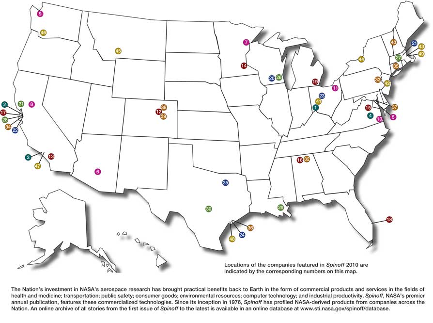 Map showing locations of the companies featured in Spinoff 2010