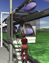 Side-by-side artist’s renderings of a futuristic monorail system Side-by-side artist’s renderings of a futuristic monorail system
