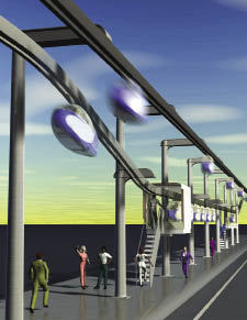 Side-by-side artist’s renderings of a futuristic monorail system Side-by-side artist’s renderings of a futuristic monorail system