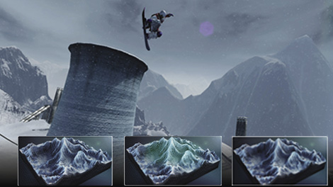 Video game rendering of a snowboarder tackling an ASTER-inspired course