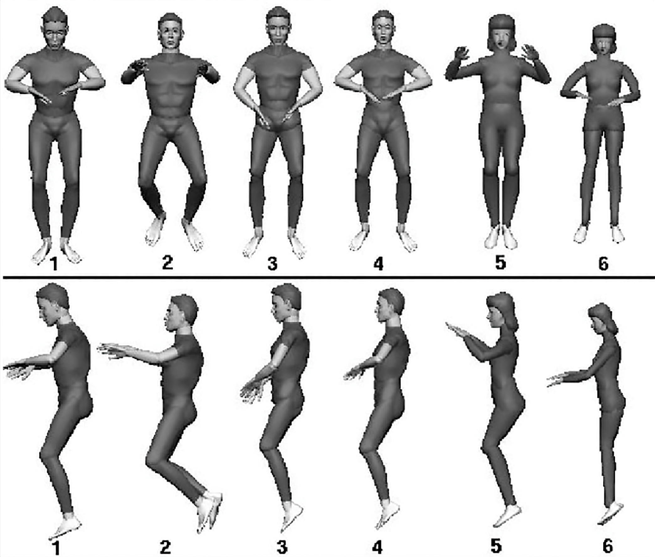 Six frontal and side views of people in various positions of neutral body posture