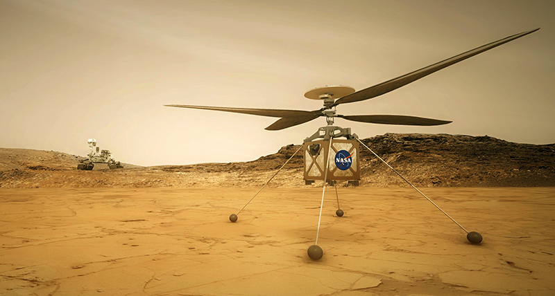 An artist’s rendering of the Mars Helicopter sitting on the ground with the Mars 2020 rover off in the distance