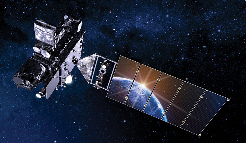 An artist’s rendition of a GOES-R satellite with Earth reflected in the solar array.