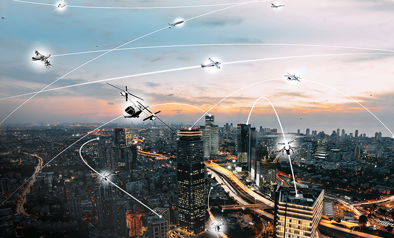 An artist’s rendering of a future city with many small, low-flying aircraft and their paths depicted as white arcs