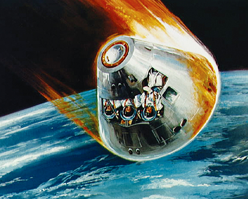 Illustration of the Apollo command module’s fiery descent back to Earth