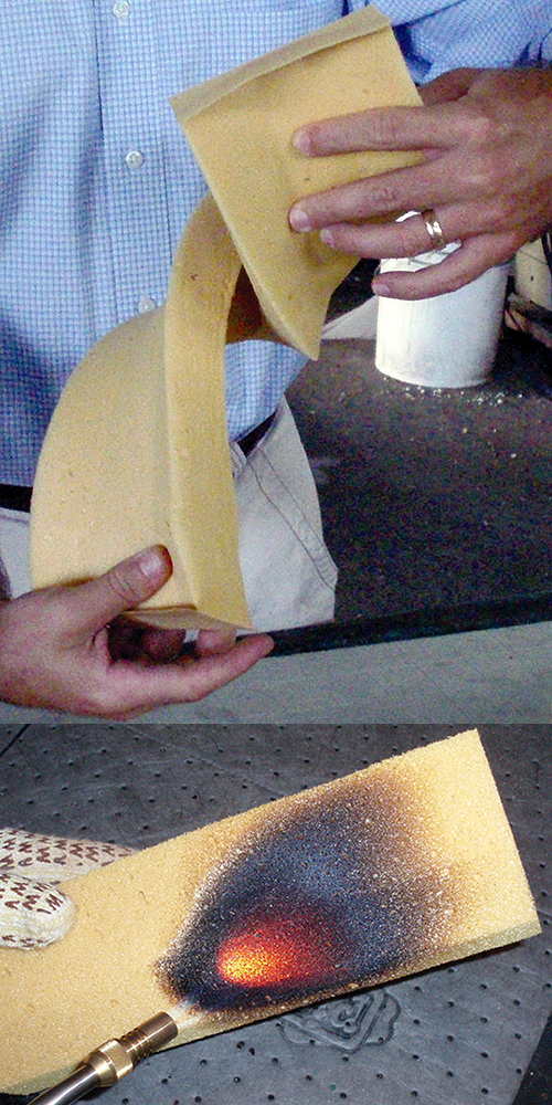 A man’s hands bend Polyshield foam, showing its flexibility, and a torch is applied to show its thermal strength 