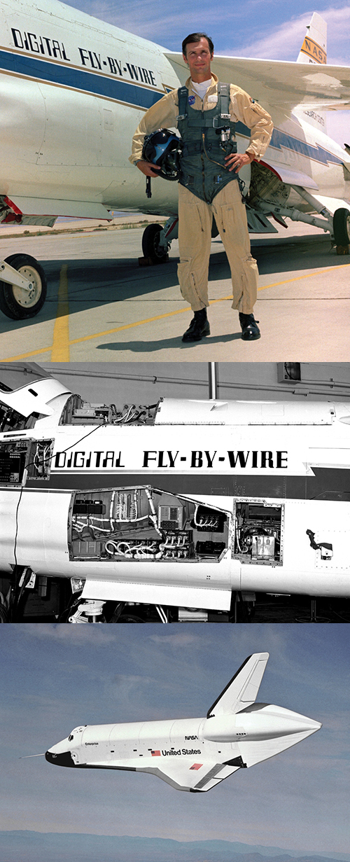 From top to bottom: Gary Krier; cutouts in the F-8 aircraft show the incorporation of the Apollo computer; Enterprise, the Space Shuttle Program’s prototype.