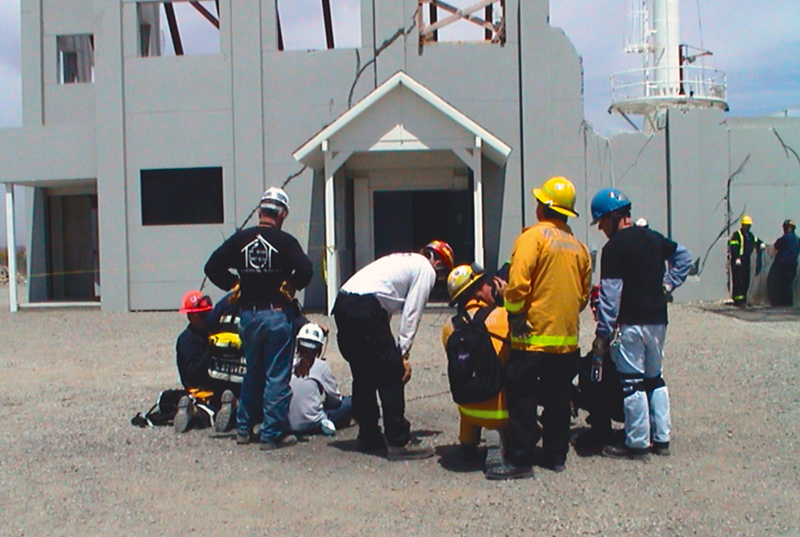 Emergency officials outside during a collapsed building exercise