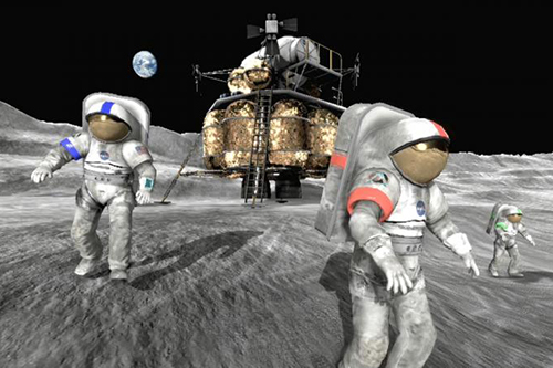 Astronauts stand outside the lunar lander in Moonbase Alpha game.
