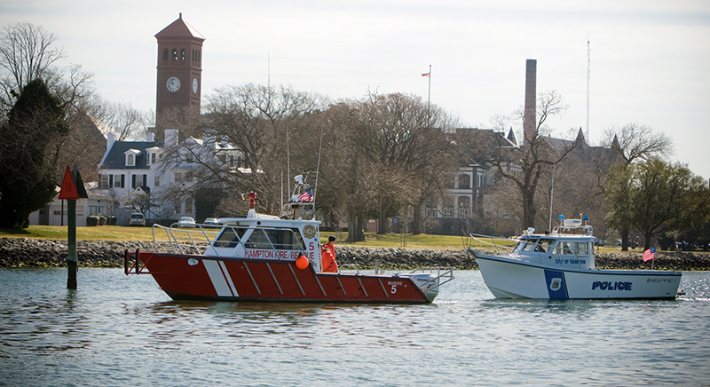 Fire boat and police boat in Hampton, Virginia harbor