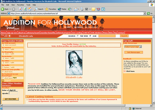 Personal profile page for Audition for Hollywood members