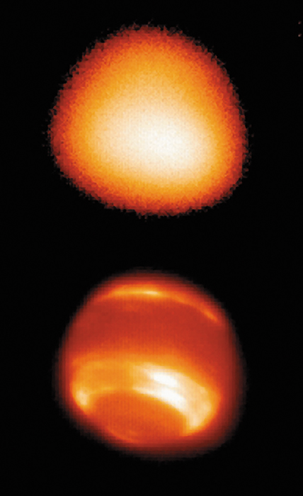 Infrared images of Neptune, before (top) and after (bottom) an adaptive optics system improved resolution