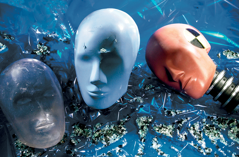 The Transparent Rigid Mask, Facial Laceration Mask, and Hybrid III-50th percentile Head and Neck simulate effects of kibbled windshield glass on a Laceration Mask