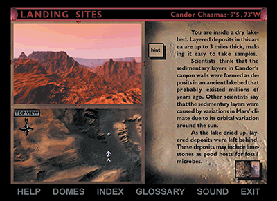 Screen shot from the Mars Virtual Exploration CD-ROM explors potential landing sites on the Red Planet.