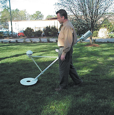 Man using the GEM-3 detector on a lawn