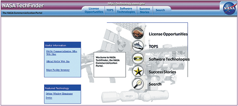 Screen shot of NASA's TechFinder web site