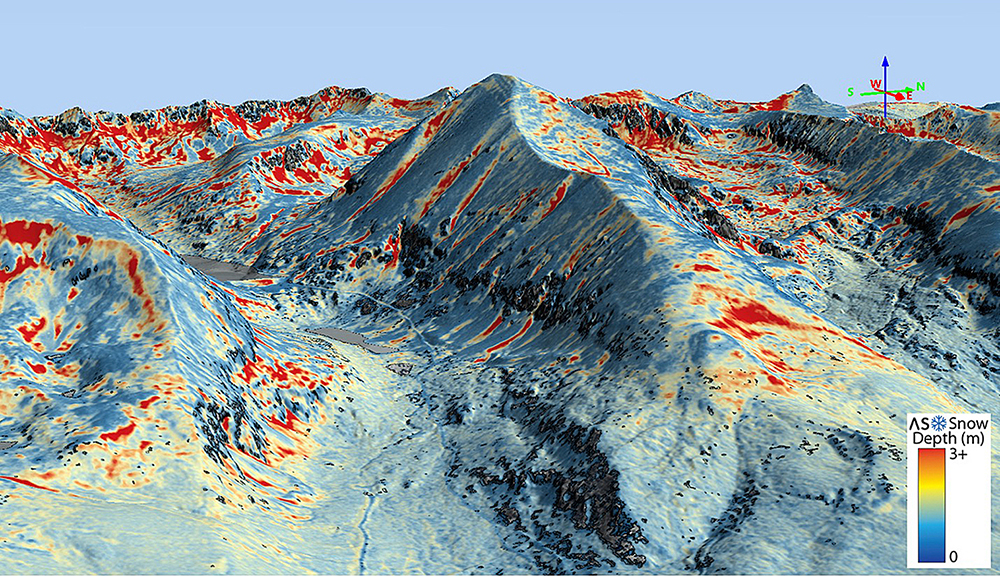 A software screen capture uses color to show snow depth and quality on a moutain