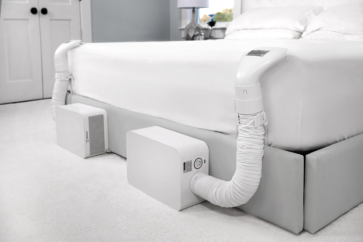 BedJet blows air into a specialized duvet that can maintain a steady temperature under the covers. With two units, the temperature can be controlled individually on each side of the bed