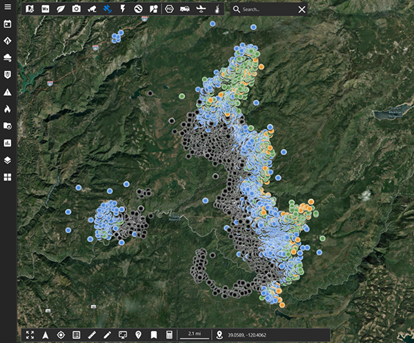 Screen captures from Technosylva’s Wildfire Analyst identify areas previously burned by wildfire