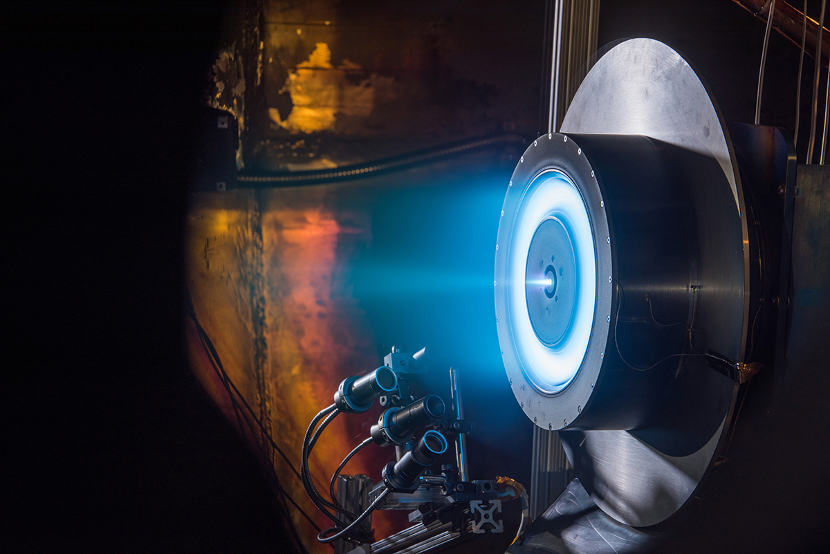 A Hall-effect thruster being tested at Glenn Research Center