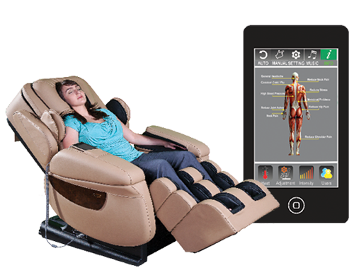 A woman reclines in a i7PLUS massage chair and a cell phone with a screen showing the app that controls the chair