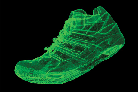A green, semi-translucent computer rendering of a sneaker