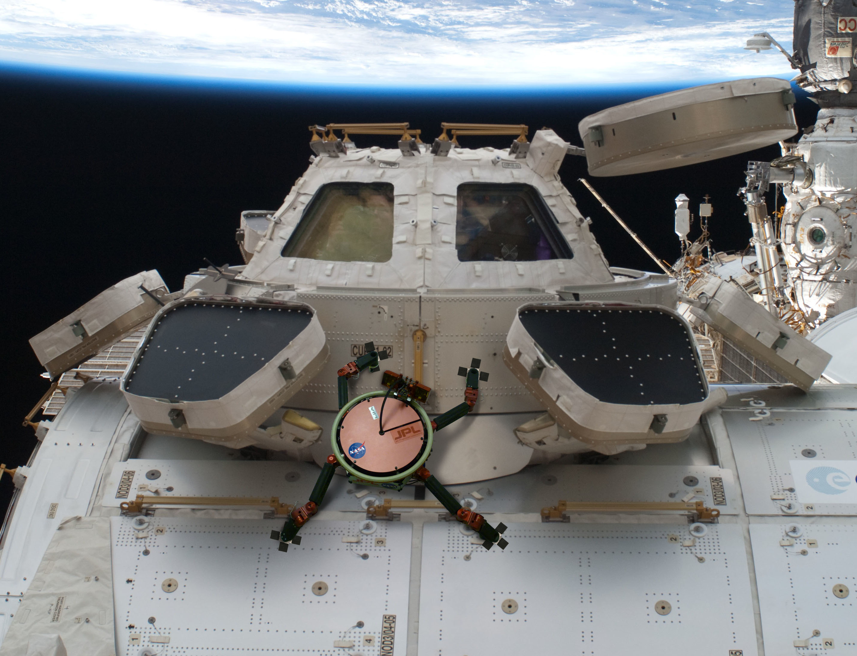 a Limbed Excursion Mechanical Utility Robot (LEMUR) climbs around the outside of the space station. The Jet Propulsion Laboratory (JPL) considered outfitting LEMUR with its gecko-imitating gripper technology
