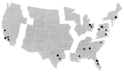 A map of the United States of America with markers depicting the location of NASA's Commercial Technology Network offices