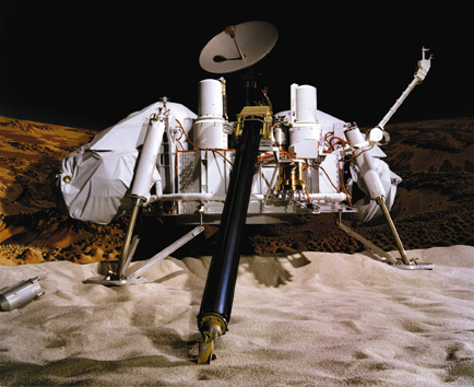 Viking Lander, used to explore Mars, is pictured against a painted Mars backdrop