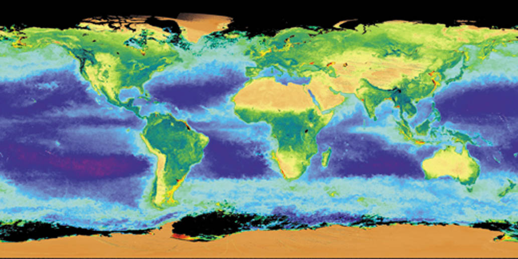 of Orbital Sciences satellite based ocean colored imaging data showing areas where fish congregate