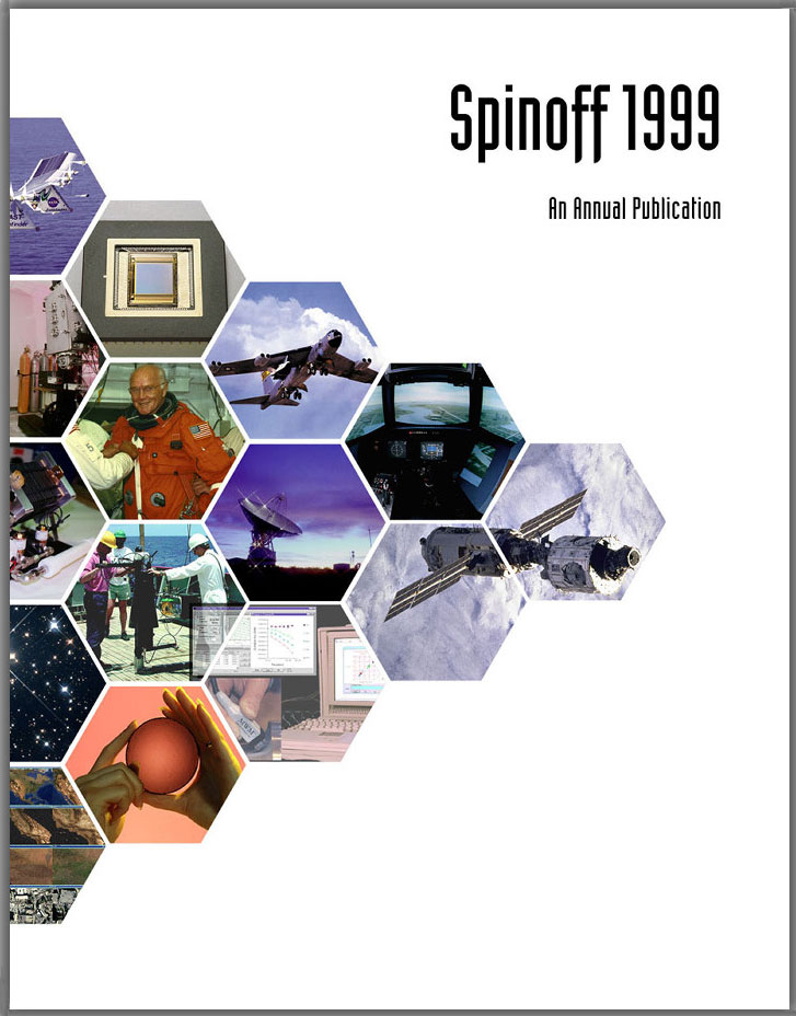 spinoff 1999 an annual publiction cover, honey cone shapes with various spinoff technolgy photos placed inside them
