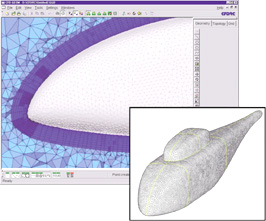 shows the CFD-GEOM's ability to show a 3-D mesh image