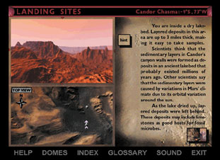 screen shot from the Mars Virtual Exploration CD-ROM allows students to virtually explore potential landing sites on the Red Planet