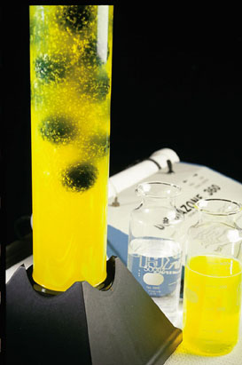 three chemical samples in beakers being cleaned in laboratory using ozone