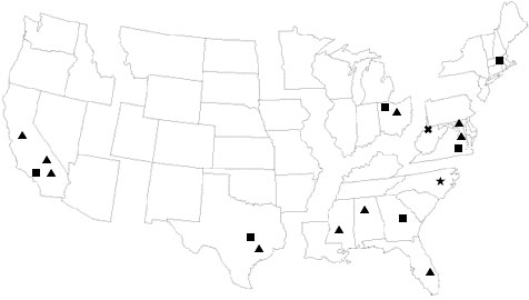 drawing of the United States, with symbols representing the various NASA research and field centers