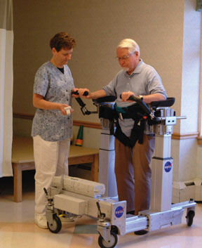 The wheeled walkers unique harness supports a patients weight