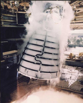 Close up view of a Space Shuttle Main Engine during testing