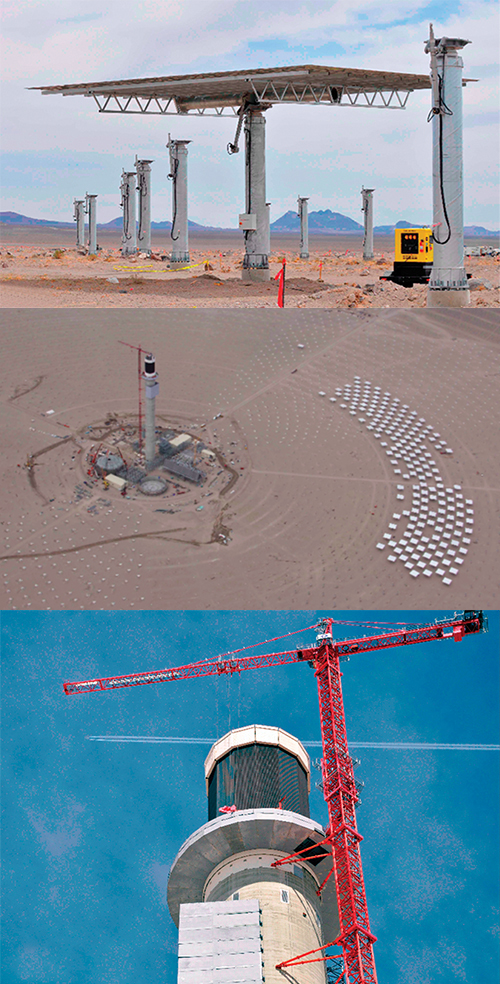 Thousands of mirrors called heliostats (top) are being installed in a 1,500-acre field (middle) to direct the Sun’s energy onto a receiver (bottom).