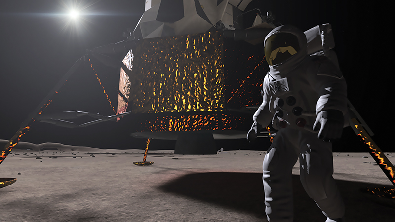 Rendering of an astronaut on the Moon walking in front of the lander