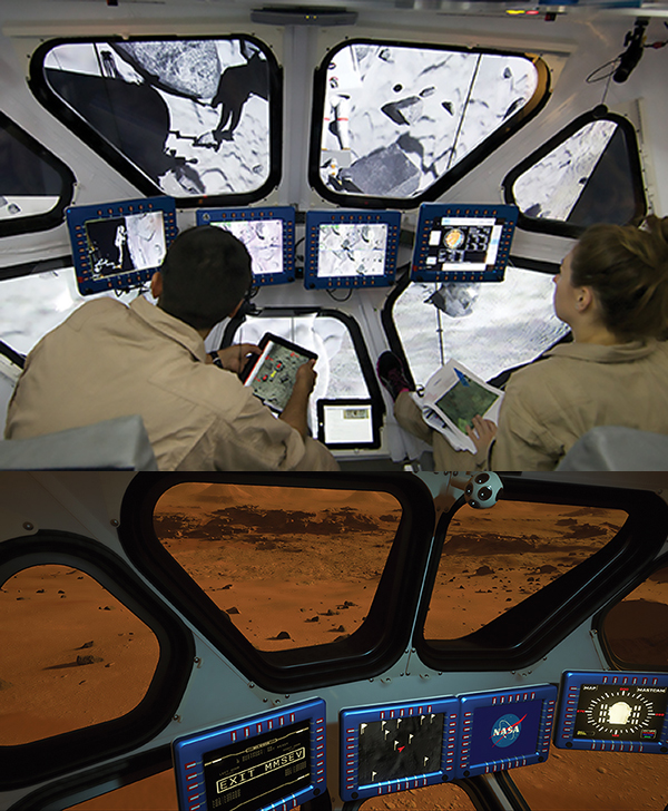 Fusion Media Group Labs drive a model of a proposed Mars rover, and its virtual recreation is shown below