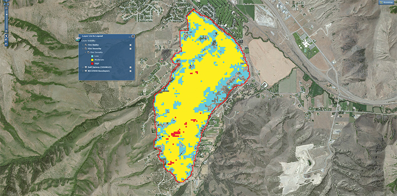 Map indicating severity of damage from wildfire