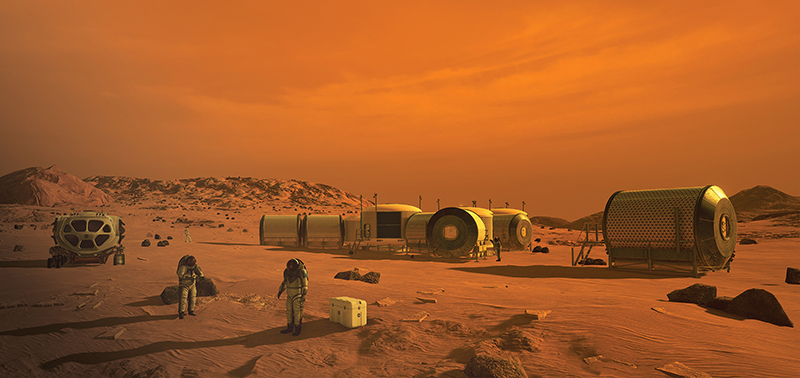 An artist’s rendition of a human habitat on Mars, with astronauts in spacesuits walking between structures