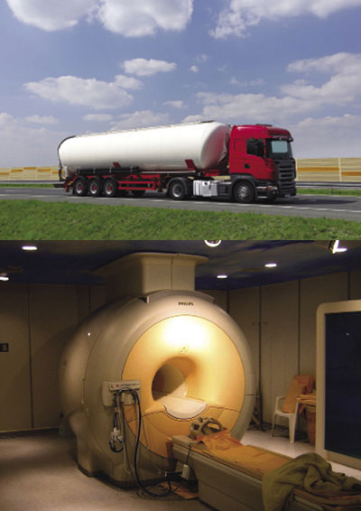 A tanker truck and magnetic resonance imaging machine