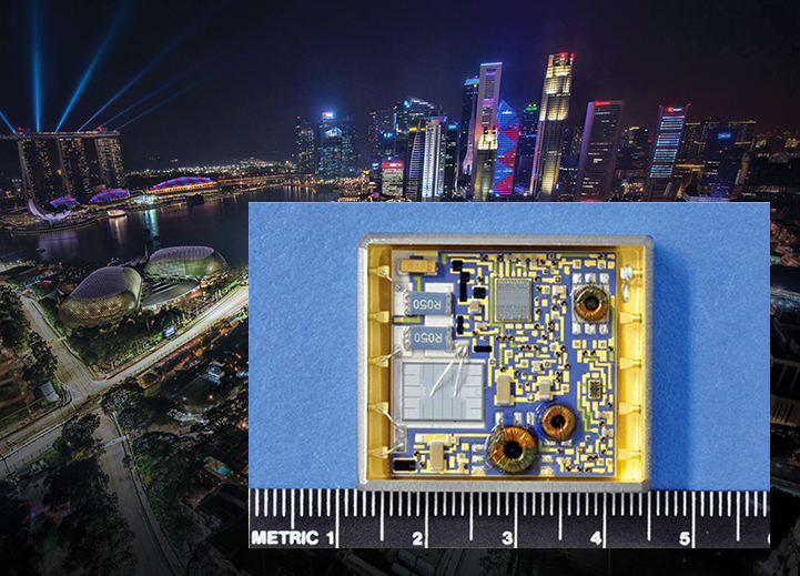 Singapore at night with a cavity of one of Micropac’s solid-state power controllers (inset)